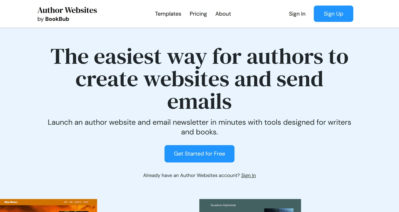 The BookBub Author Websites homepage with the headline The easiest way for authors to create websites and send emails