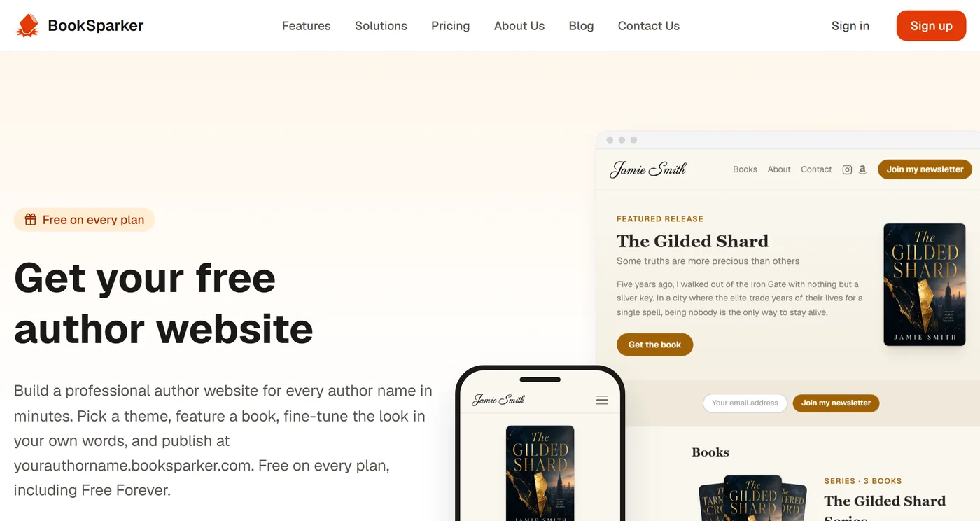 The BookSparker Author Websites page with an example author website