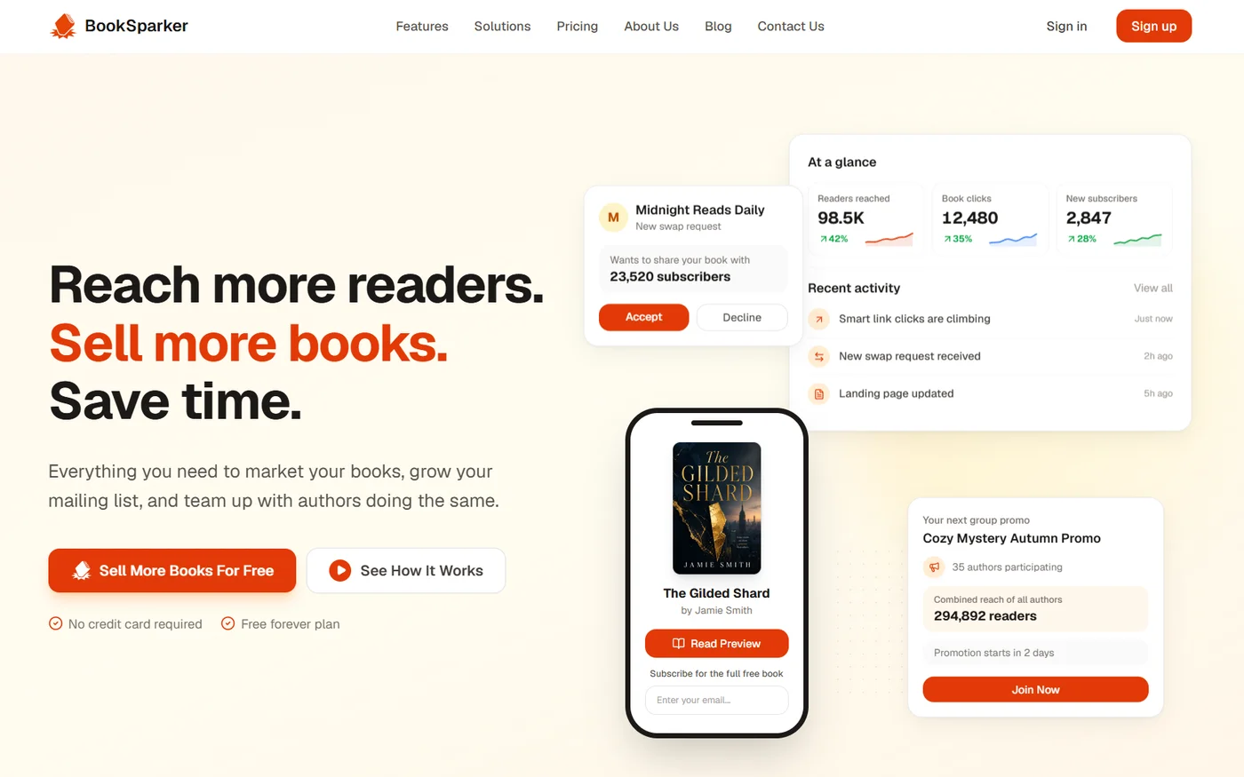 The BookSparker homepage showing a book swap request, reader analytics, a book preview, and a group promo