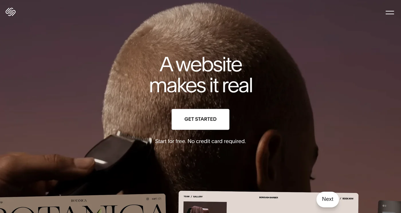 The Squarespace homepage with the headline A website makes it real