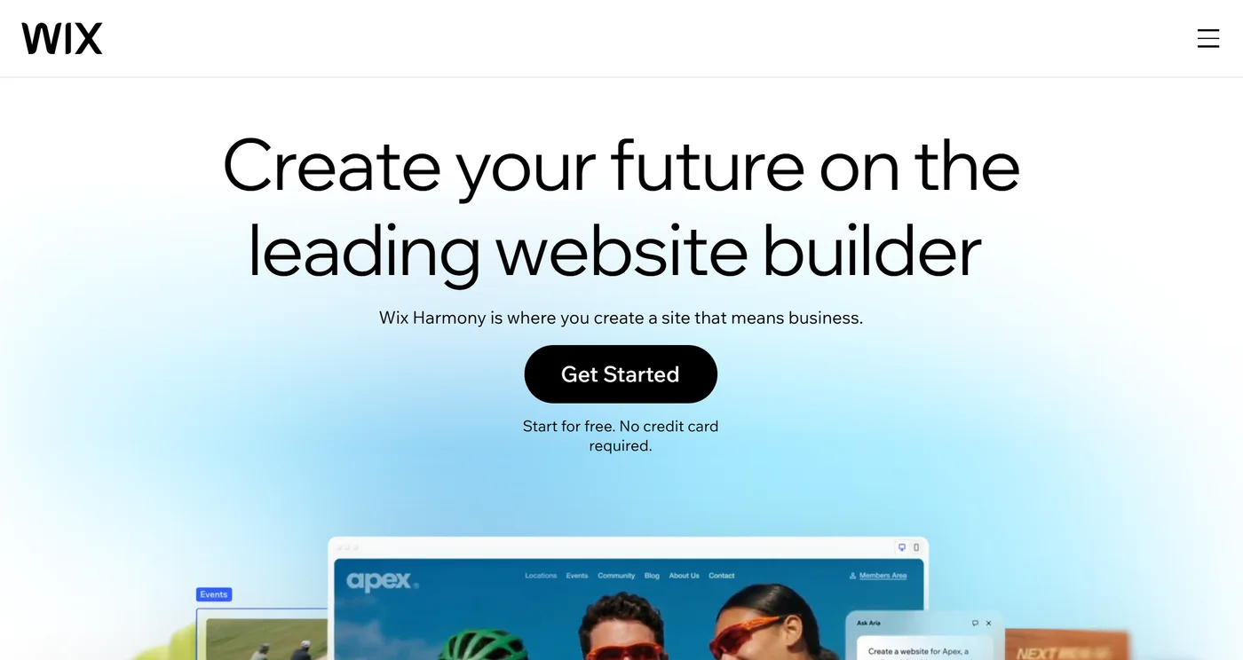 The Wix homepage with the headline Create your future on the leading website builder