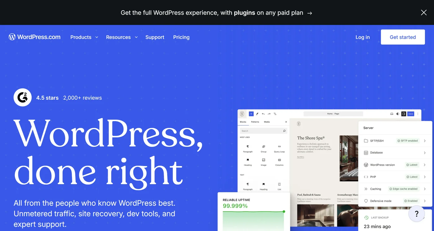 The WordPress.com homepage with the headline WordPress, done right
