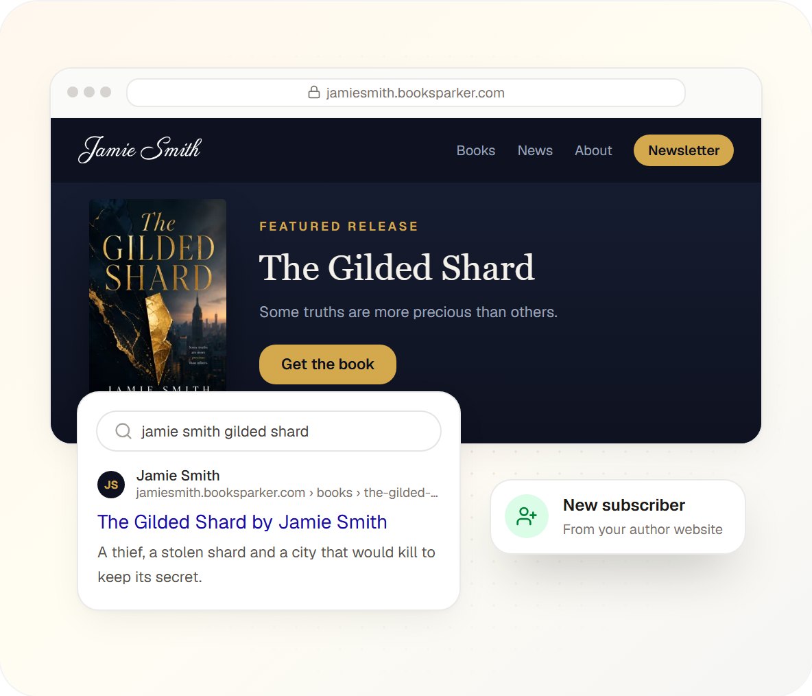An author website on BookSparker with a featured book, a newsletter button and its Google search result