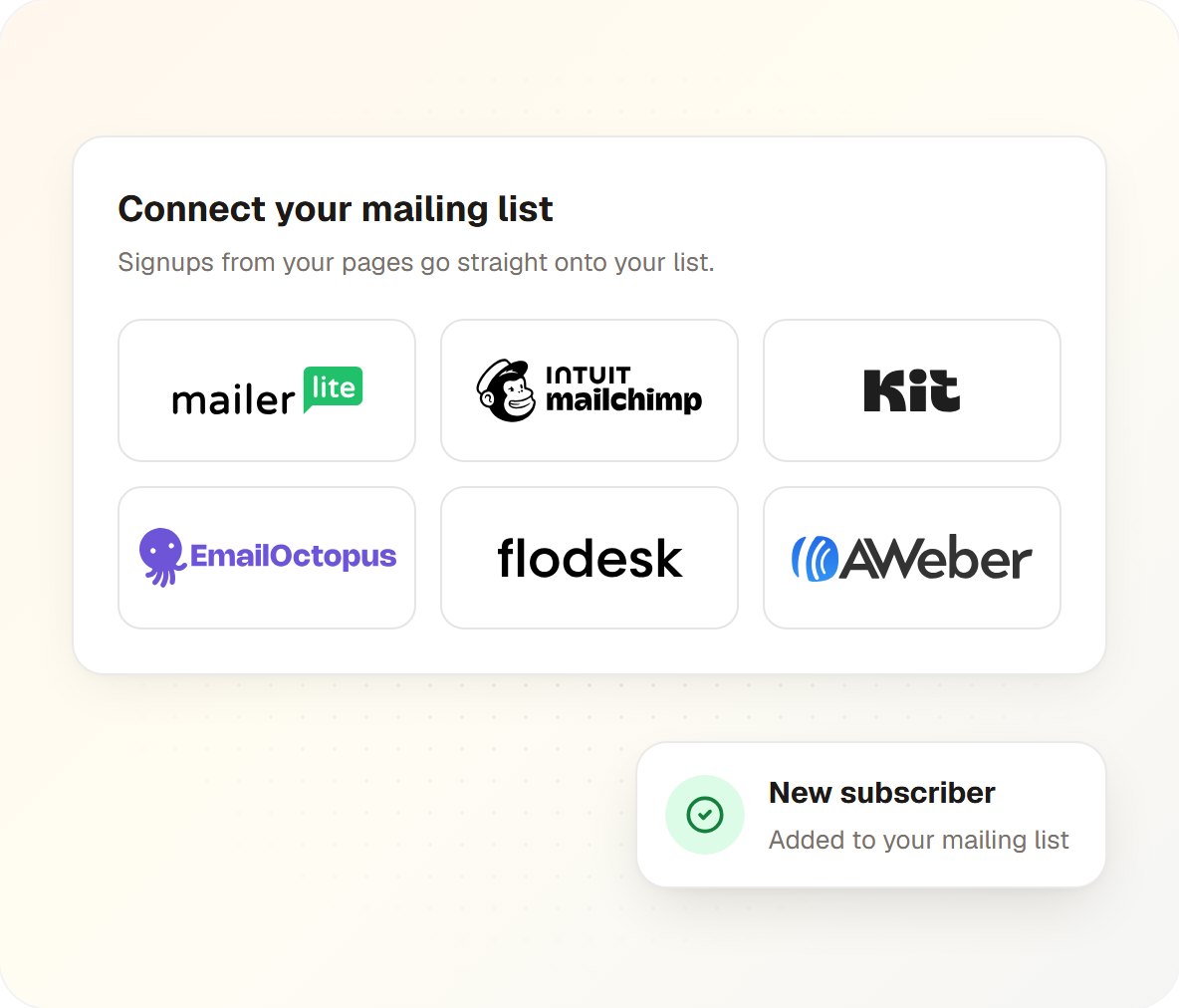 The mailing providers BookSparker connects to: MailerLite, Mailchimp, Kit, EmailOctopus, Flodesk and AWeber
