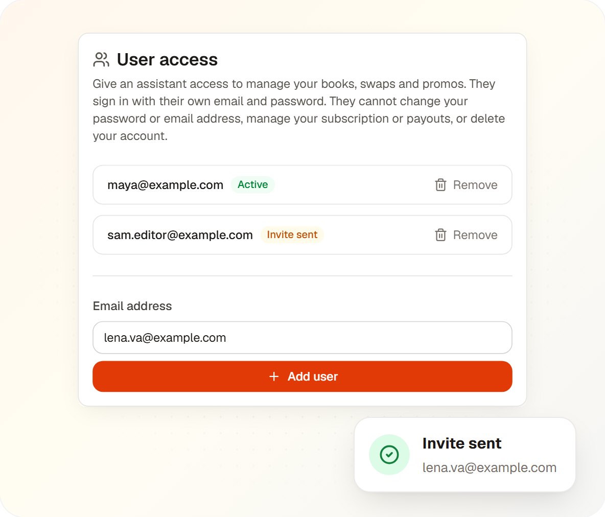 The User access card in BookSparker settings, with one active assistant, one invite sent and an Add user button