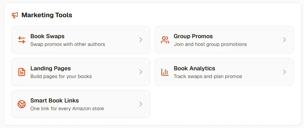 Marketing Tools panel with Book Swaps, Group Promos, Landing Pages, Book Analytics, and Smart Book Links