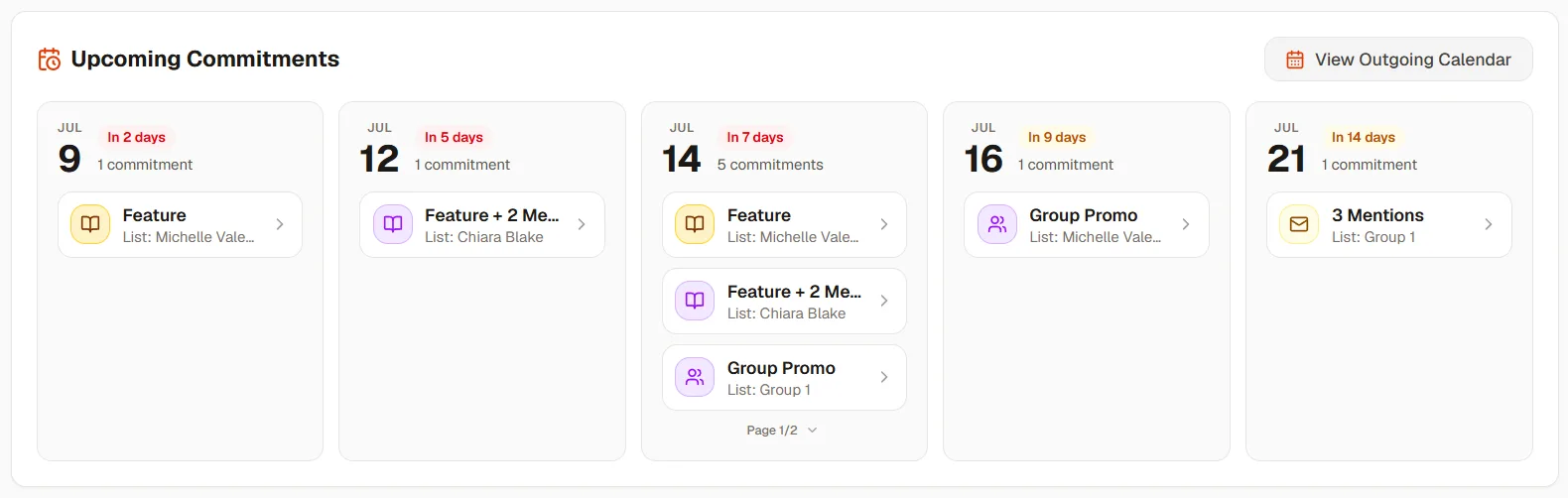 Upcoming Commitments calendar strip showing scheduled swaps and promotions by day, with a View Outgoing Calendar button