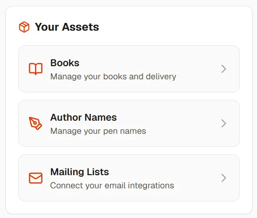 Your Assets panel with Books, Author Names, and Mailing Lists